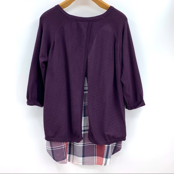 Coupe Collection Purple and Plaid Layered Look 3/4 Sleeve Sweater, Large - Picture 3 of 15